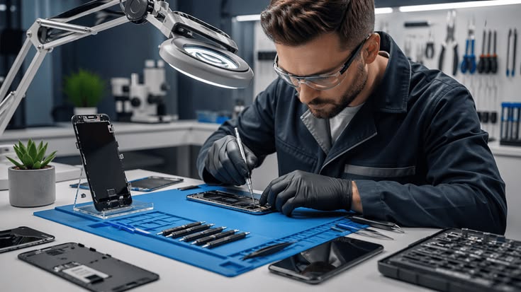 FixVault certified technician repairing a smartphone on a professional workbench